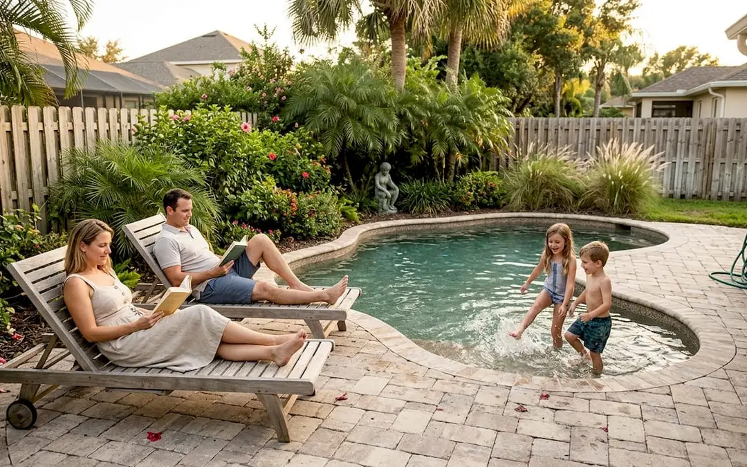 Family enjoying landscaped backyard pool retreat