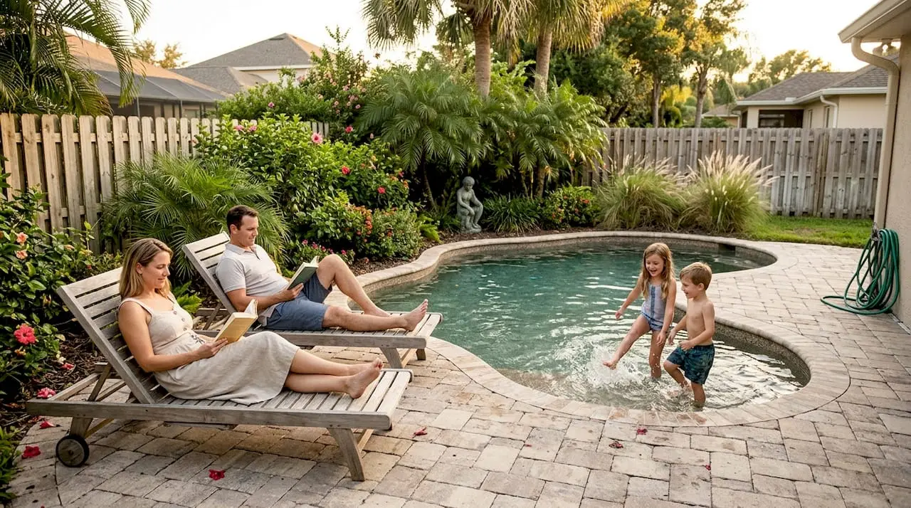 Family enjoying landscaped backyard pool retreat