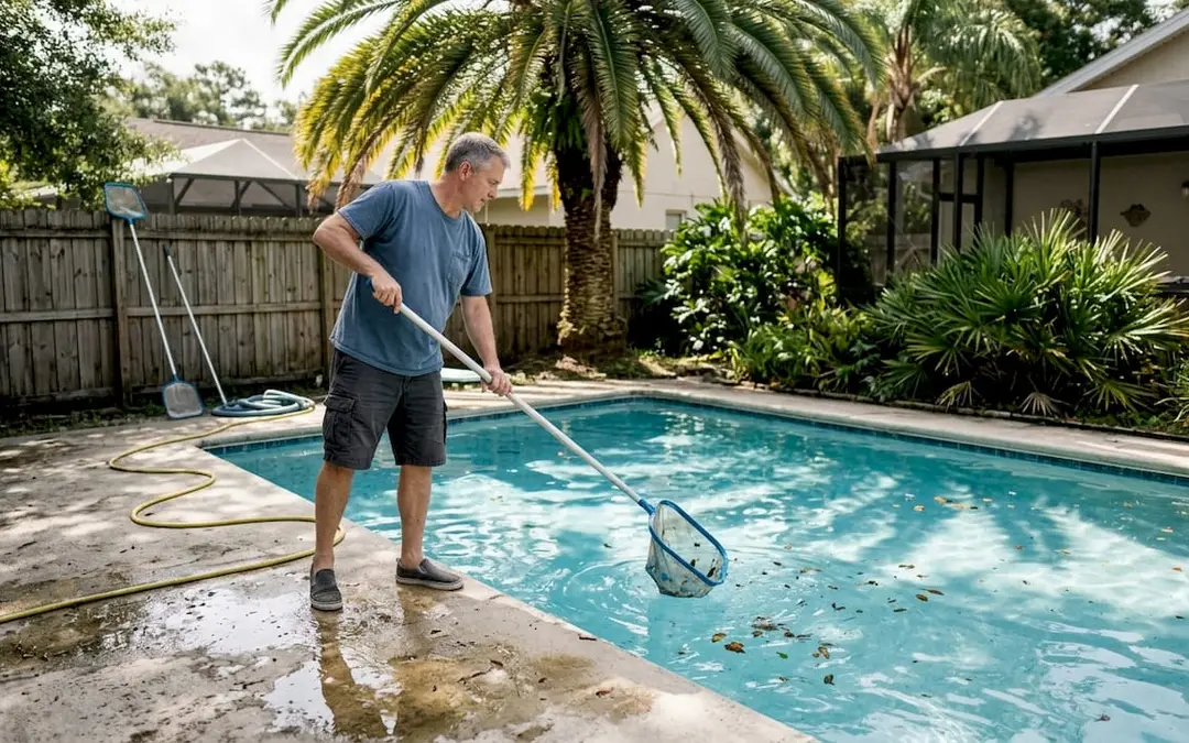 Homeowner maintaining Florida backyard pool