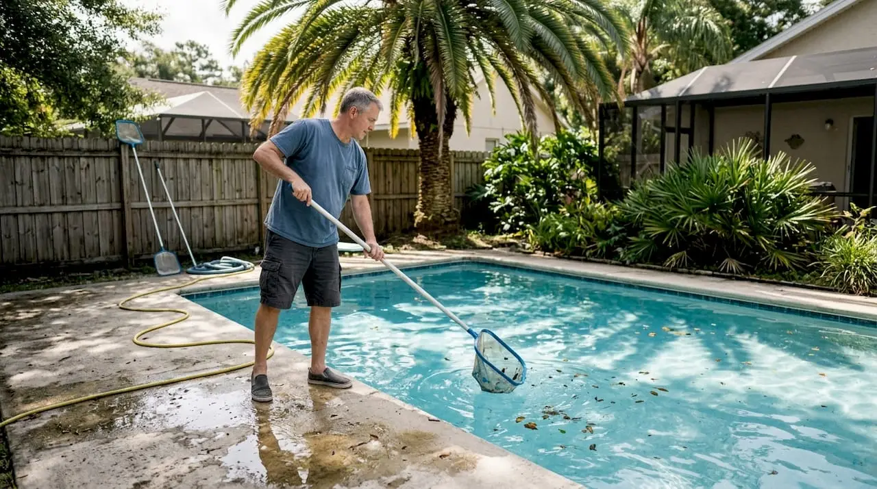 Homeowner maintaining Florida backyard pool