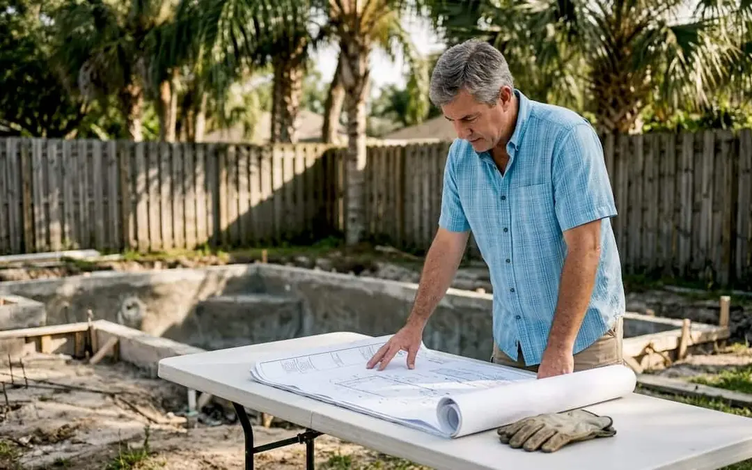 Homeowner reviews pool permit papers in backyard