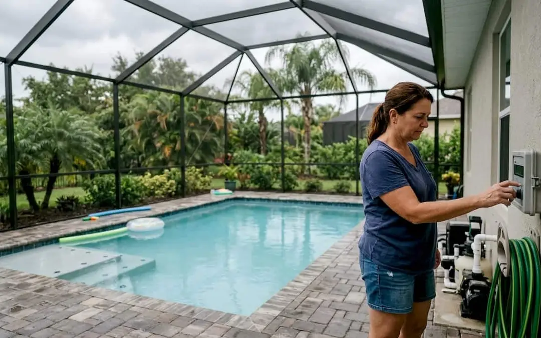 Homeowner beside screened Florida backyard pool