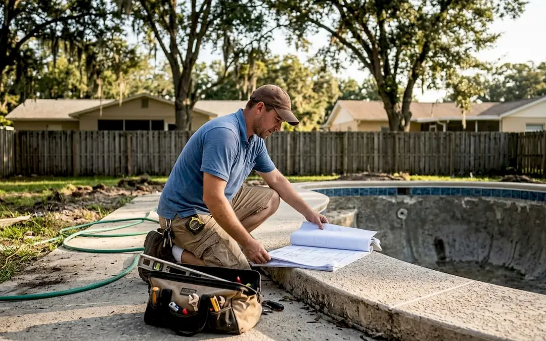 Worker installing pool shell in Florida backyard