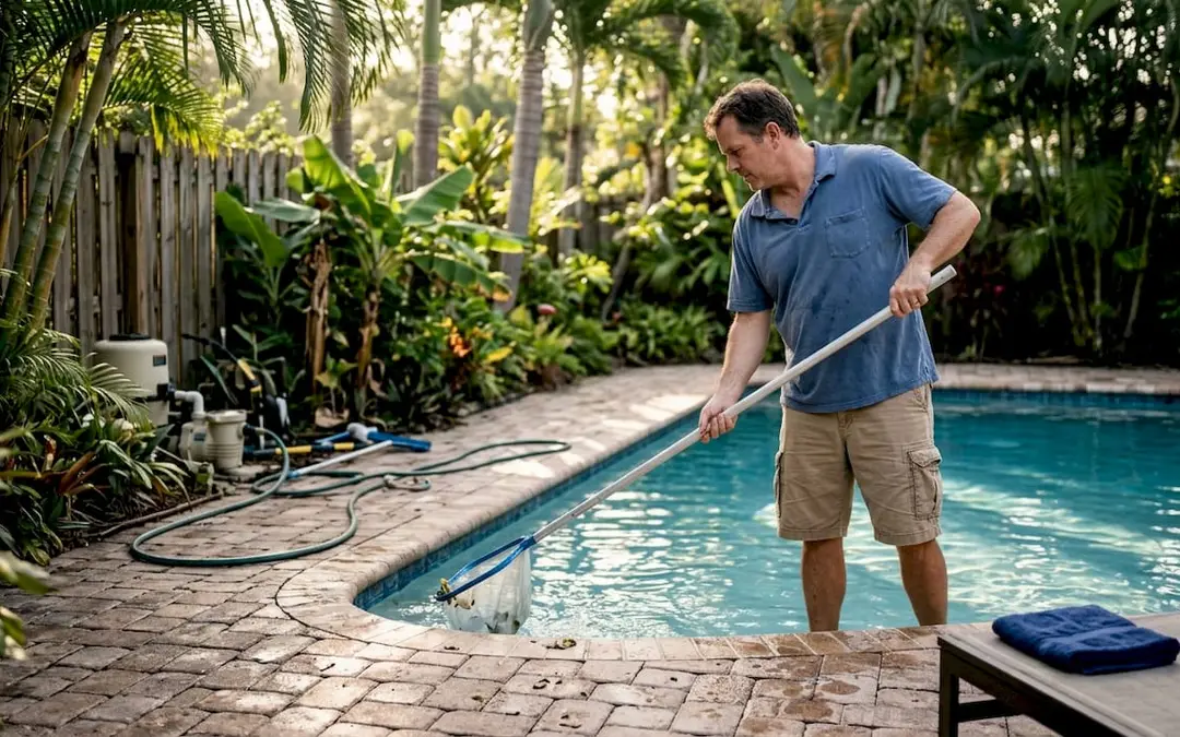 Man skimming leaves from backyard pool
