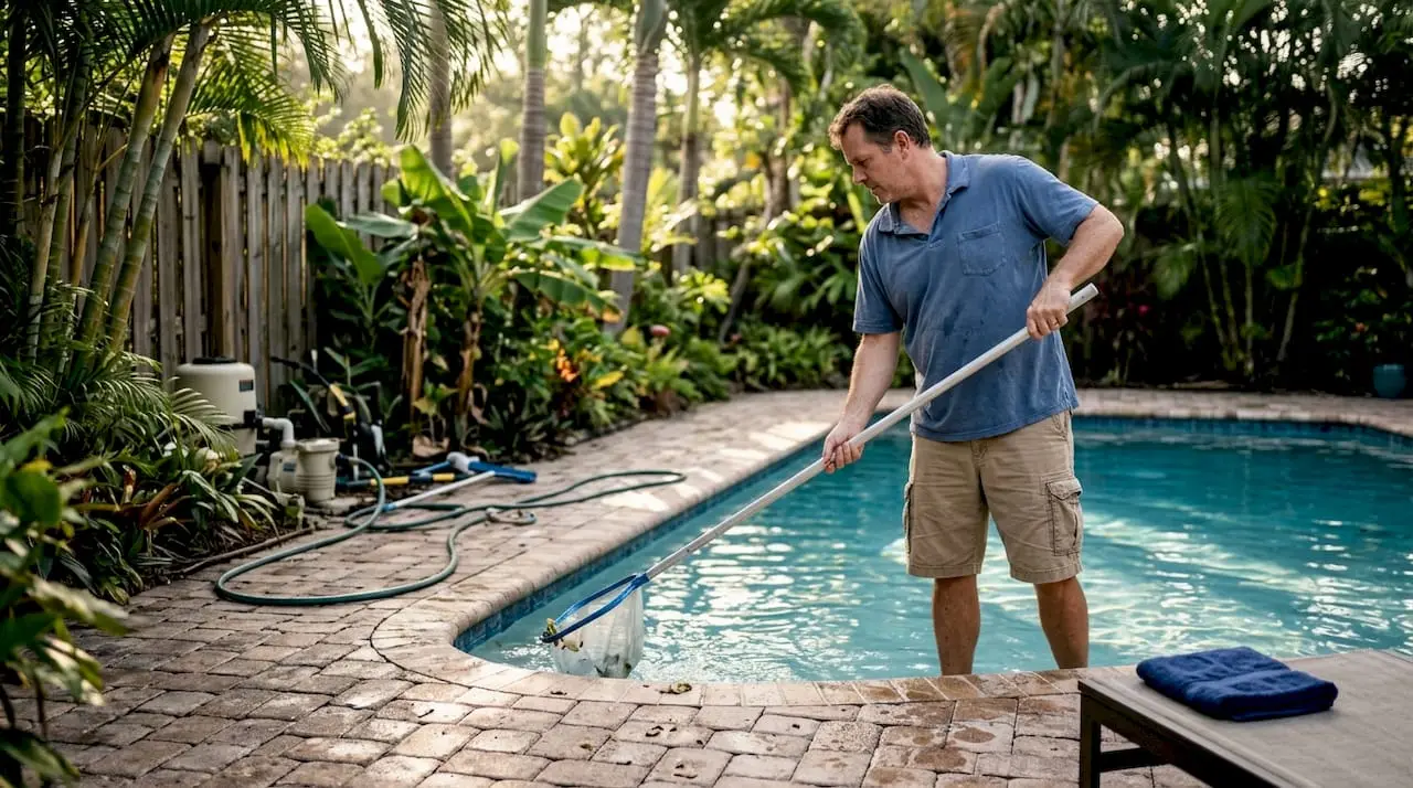 Top pool maintenance tips for Central Florida homeowners Man skimming leaves from backyard pool