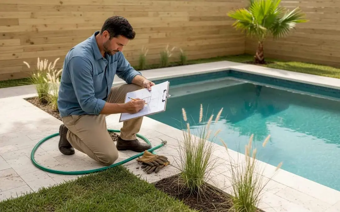 Pool contractor with a clipboard kneeling beside a new rectangular pool