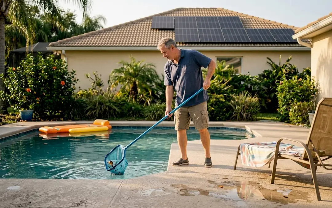 Homeowner maintaining energy efficient Florida pool
