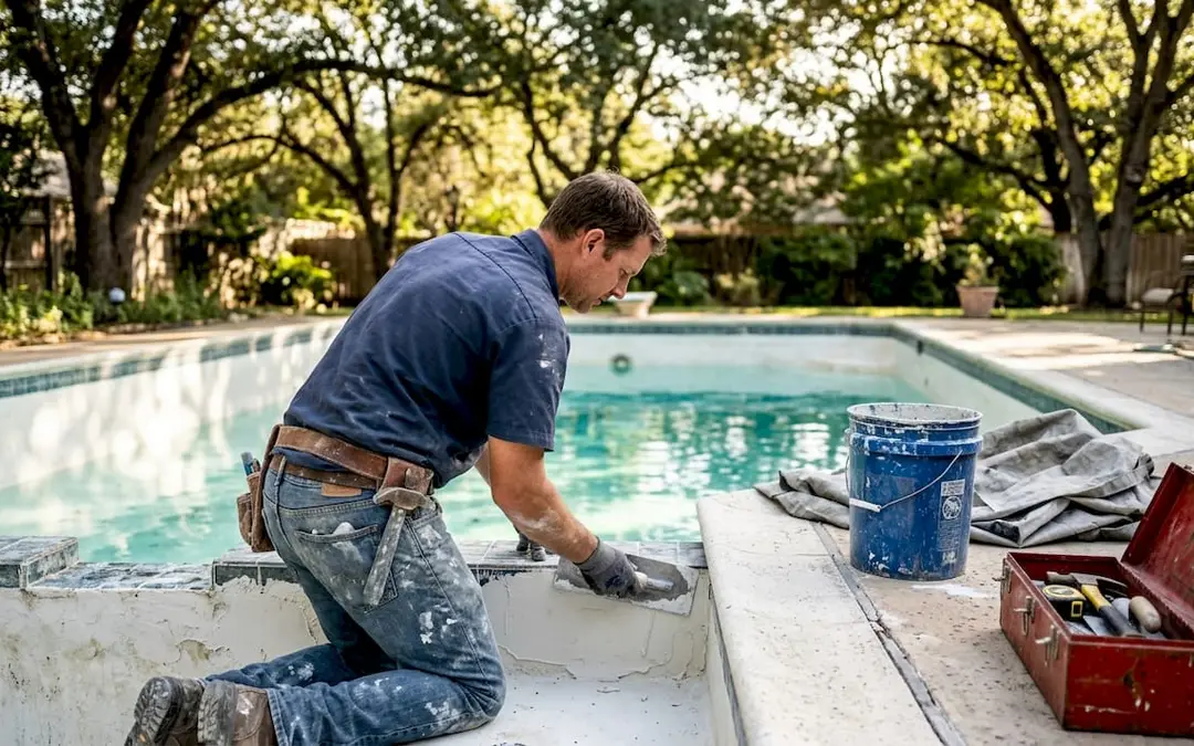 Contractor smoothing plaster by backyard pool