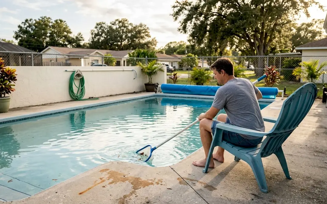 Homeowner maintaining backyard Florida pool