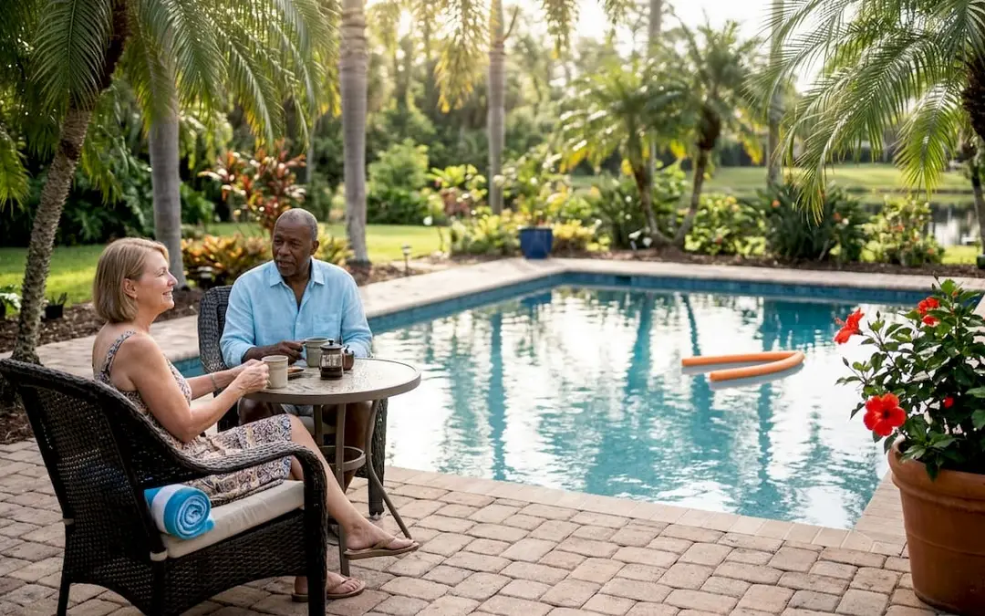 Backyard pool with blue quartz finish and couple