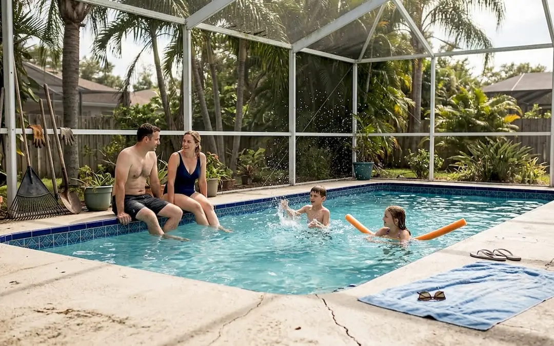 Family enjoying heated pool in backyard