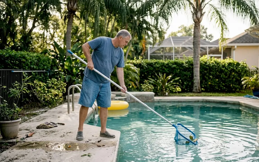 Homeowner skimming backyard pool in morning
