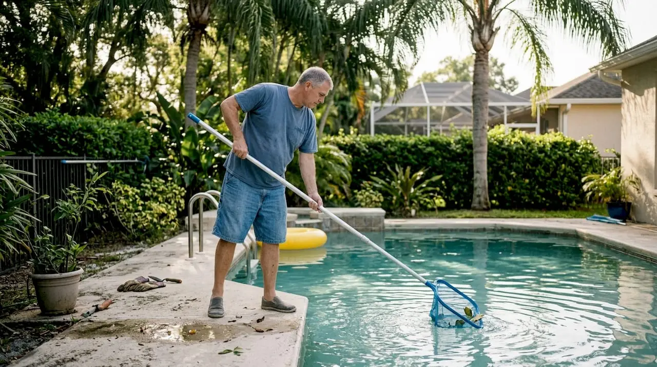 Essential pool maintenance checklist for Central Florida Homeowner skimming backyard pool in morning