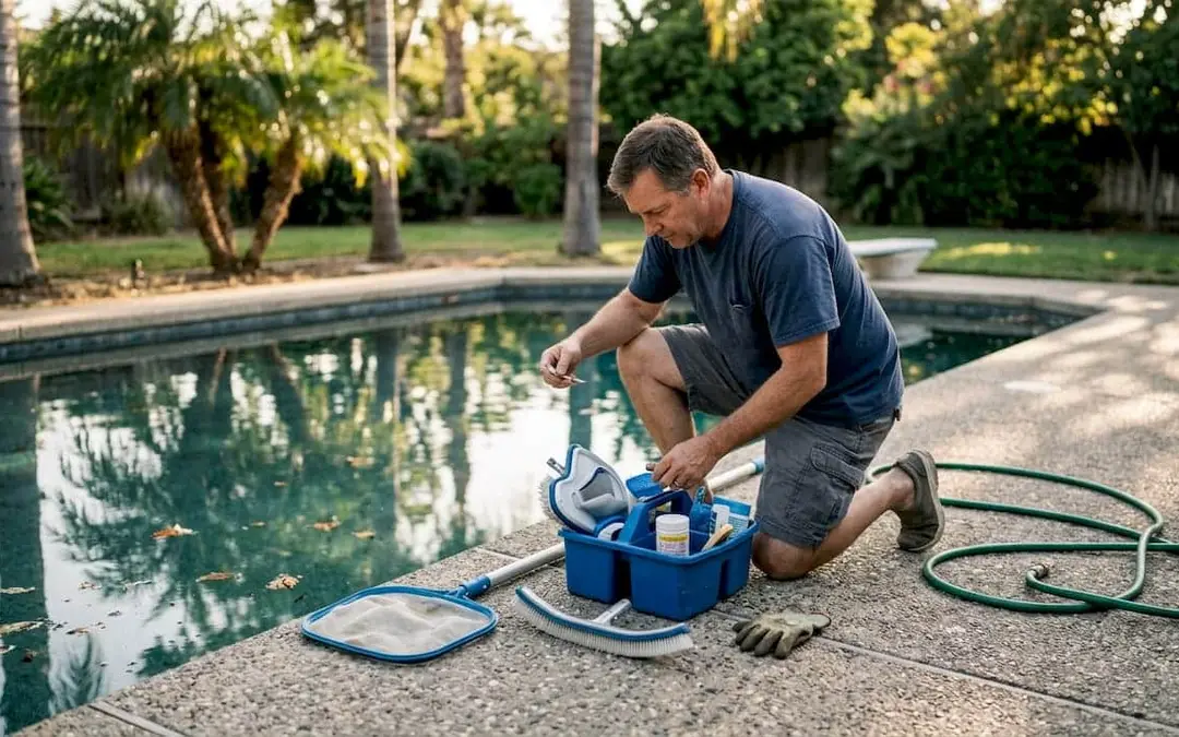 Homeowner organizing pool maintenance tools by pool