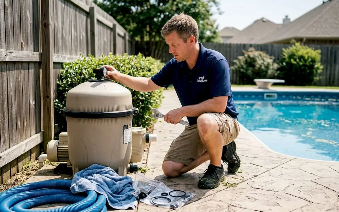 Technician checking outdoor pool filter system
