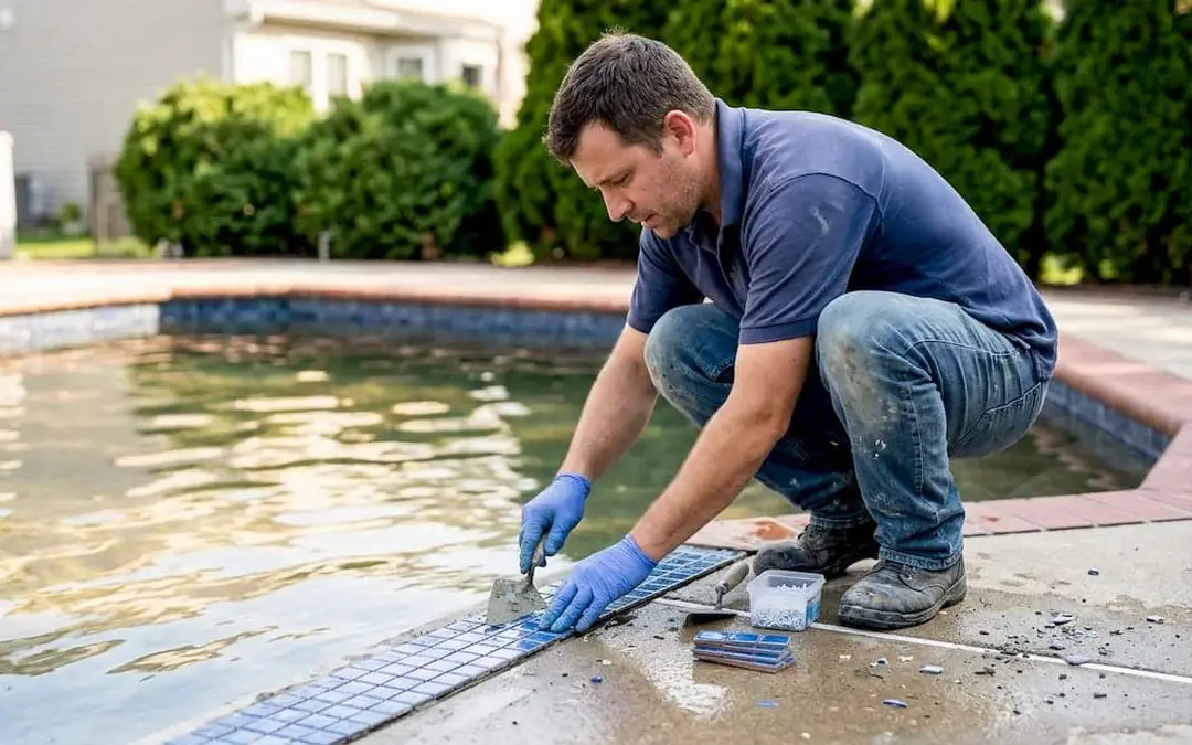 Pool contractor installing mosaic tile