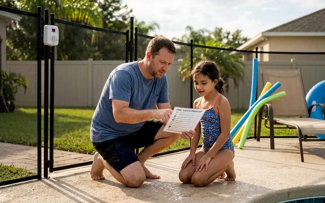 Family checking pool safety near backyard pool