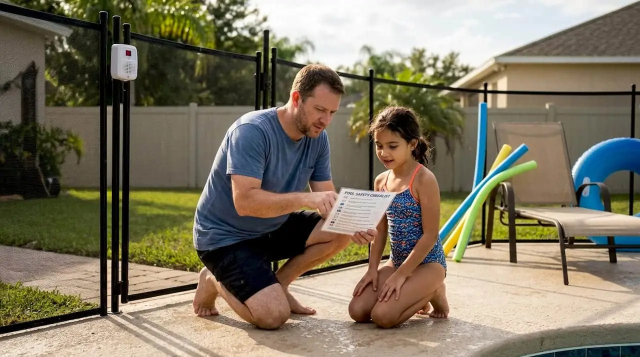 23 Family Pool Activity Ideas for Fun & Safety in Central Florida Family checking pool safety near backyard pool