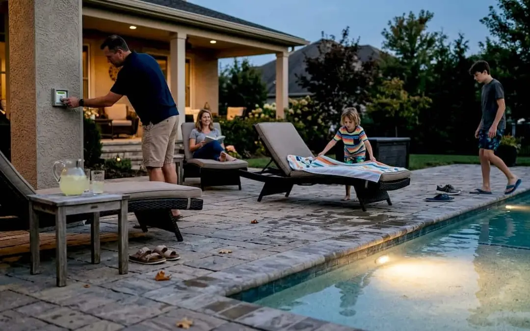 Family relaxing by well lit pool at dusk