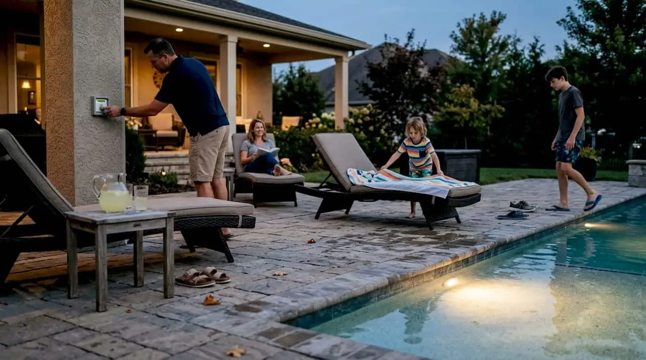 Why install pool lighting? Boost safety and style in 2026 Family relaxing by well lit pool at dusk