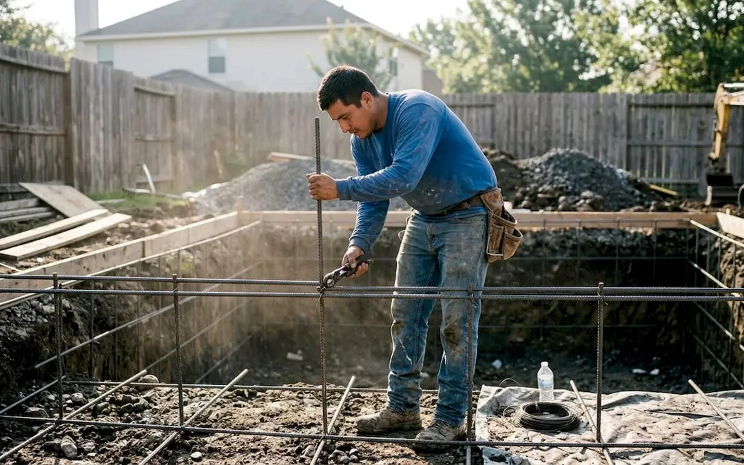 Worker inspects rebar grid in pool construction