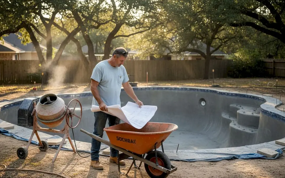 Builder holding plans beside a cement mixer at a freeform pool shell under construction