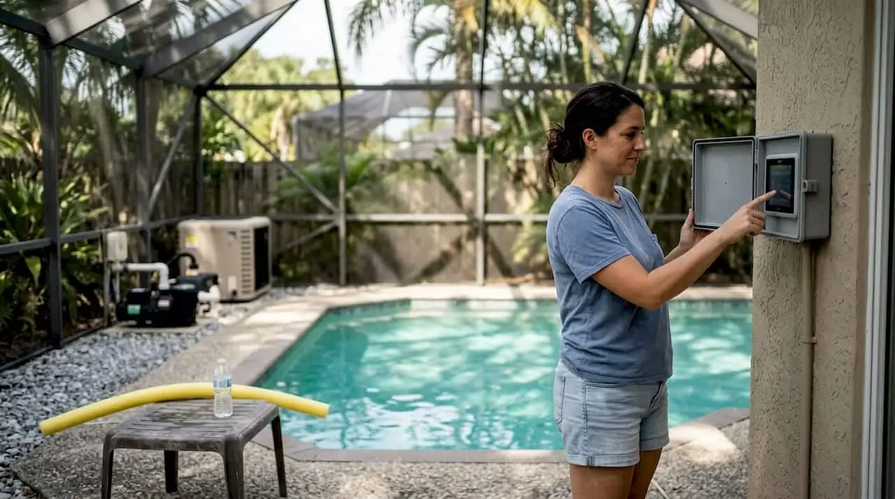 Energy efficient pools: cut costs & boost comfort in FL Florida homeowner adjusting pool energy controls outdoors