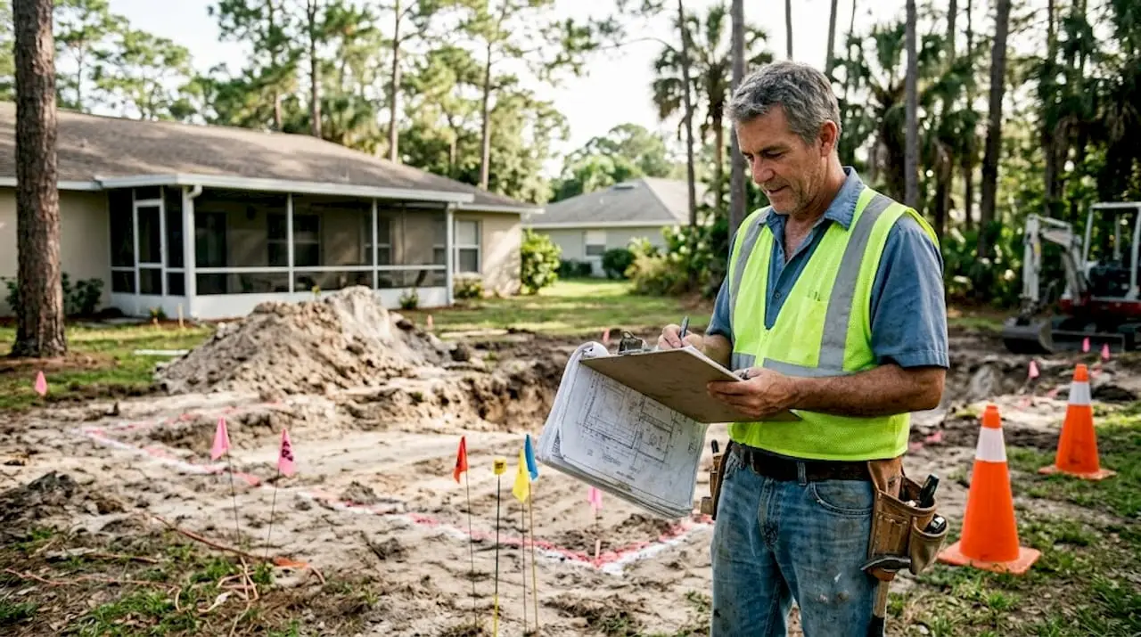Contractor surveying pool prep site in backyard