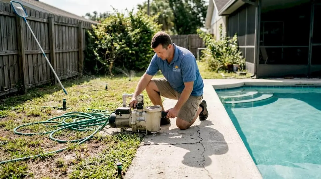 Technician servicing pool pump beside backyard pool