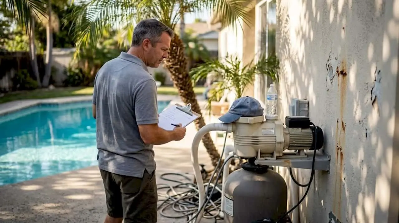 Why upgrade your pool pump? Save 80% on energy costs Homeowner auditing backyard pool pump energy