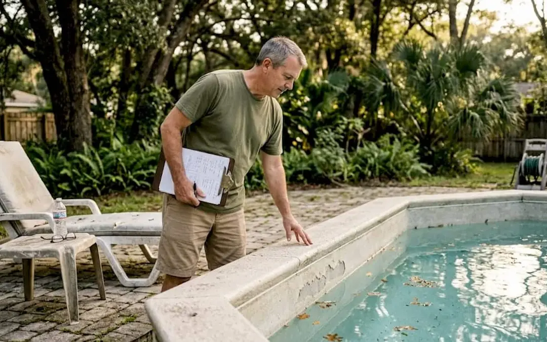 Homeowner inspecting Central Florida backyard pool
