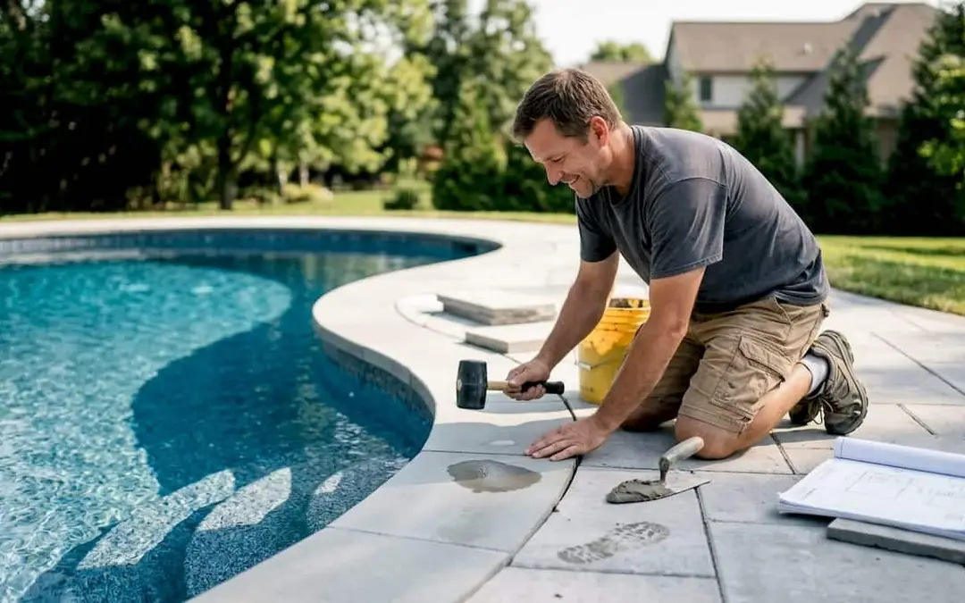 Homeowner installs pool coping stone outdoors