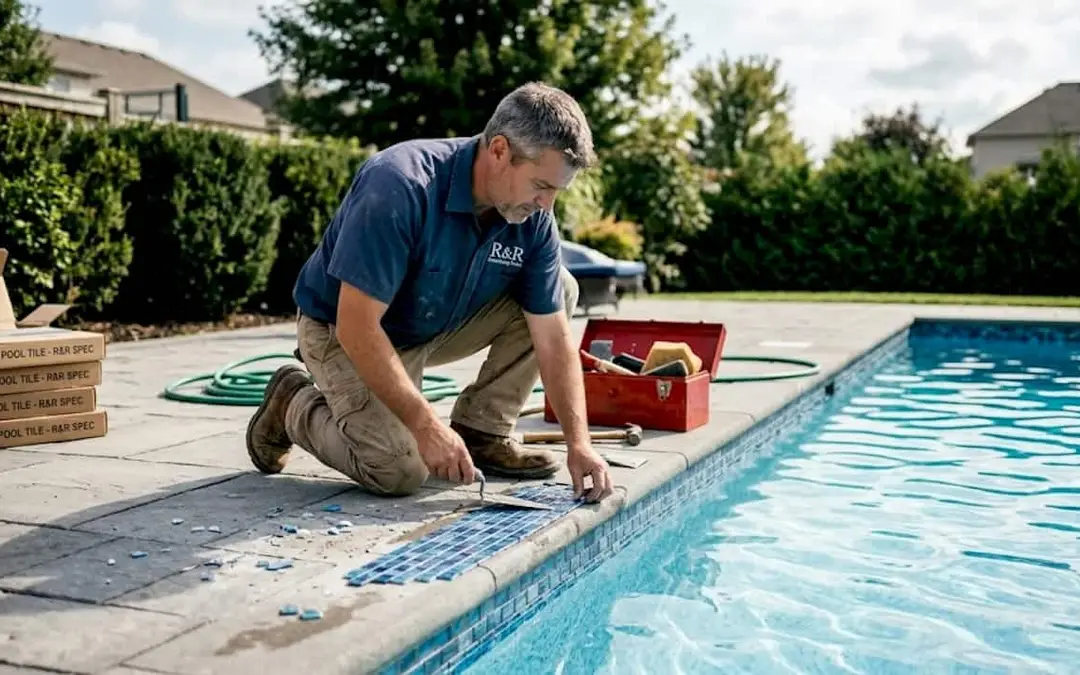 Contractor repairs in ground pool tiles outdoors