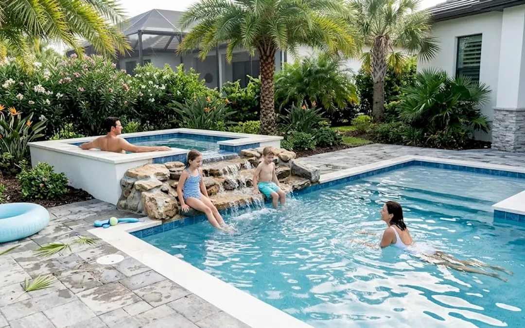 Family using multi level pool in Florida backyard