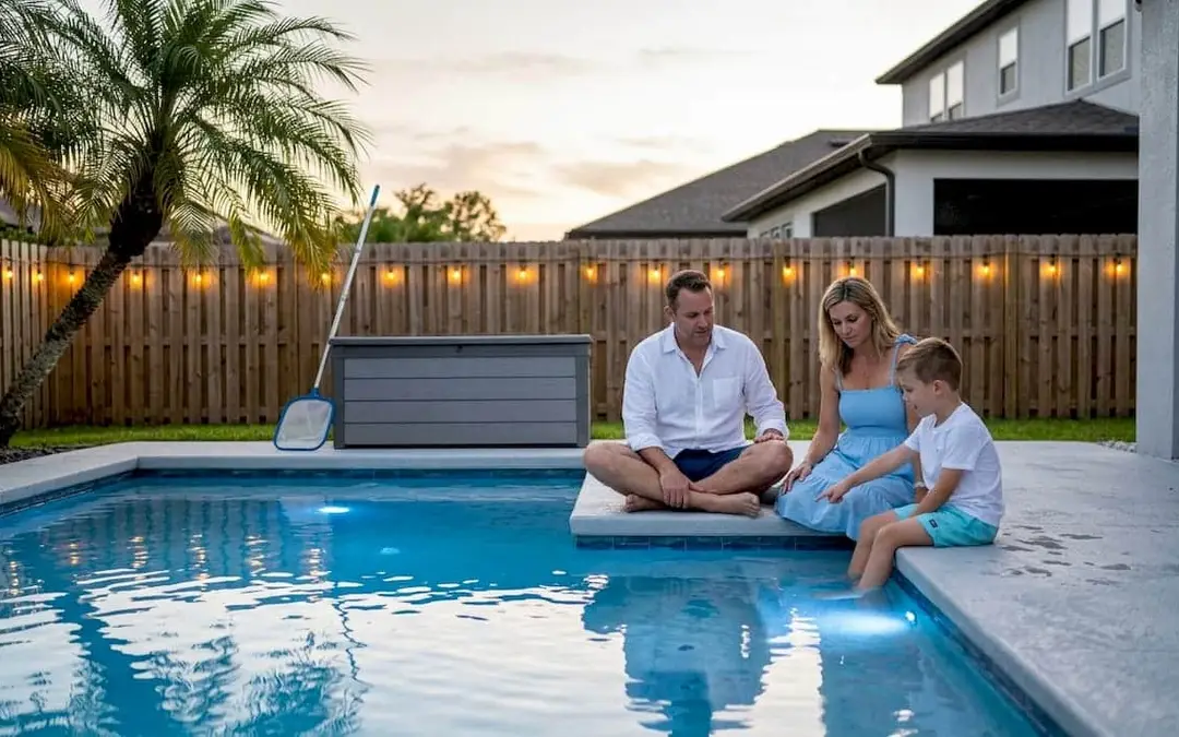 Family enjoying backyard pool with new lighting