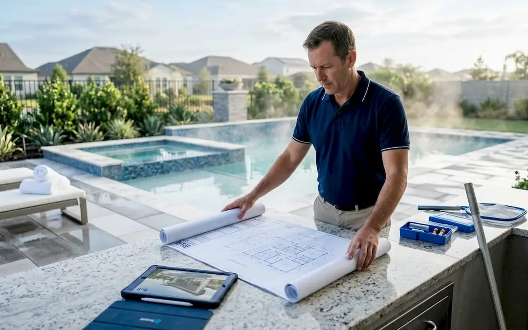 Contractor planning pool spa integration on site