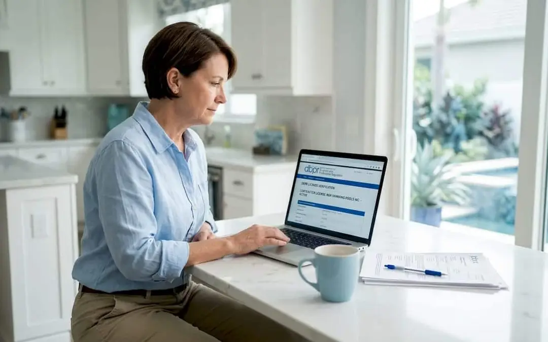Homeowner verifying pool builder license online