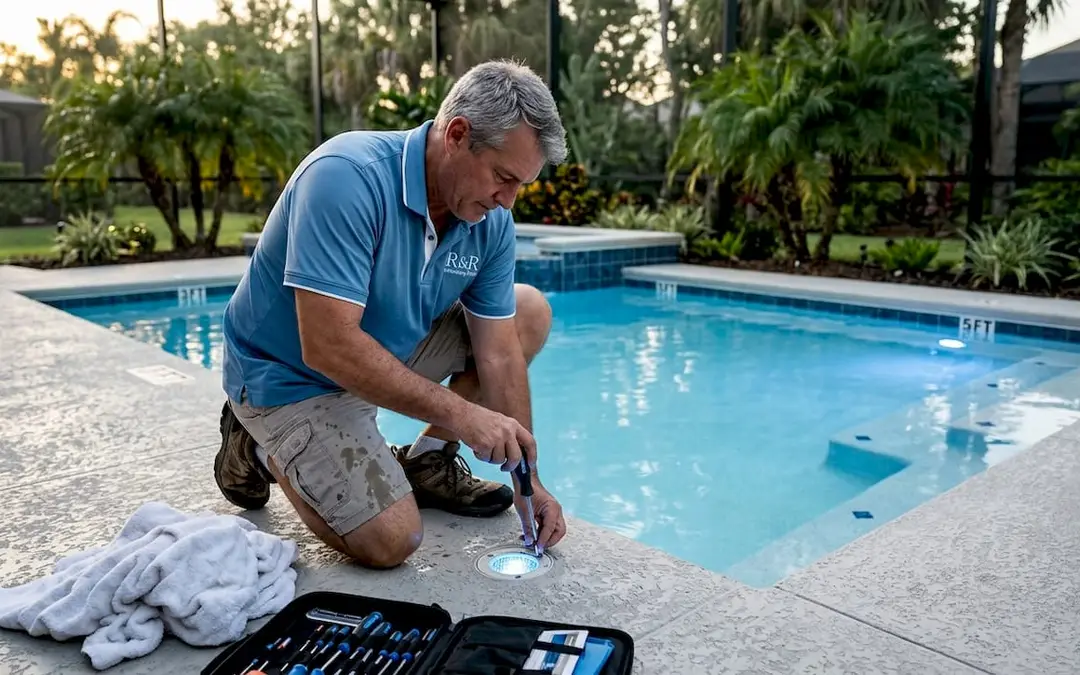 Pool technician adjusts underwater evening lighting