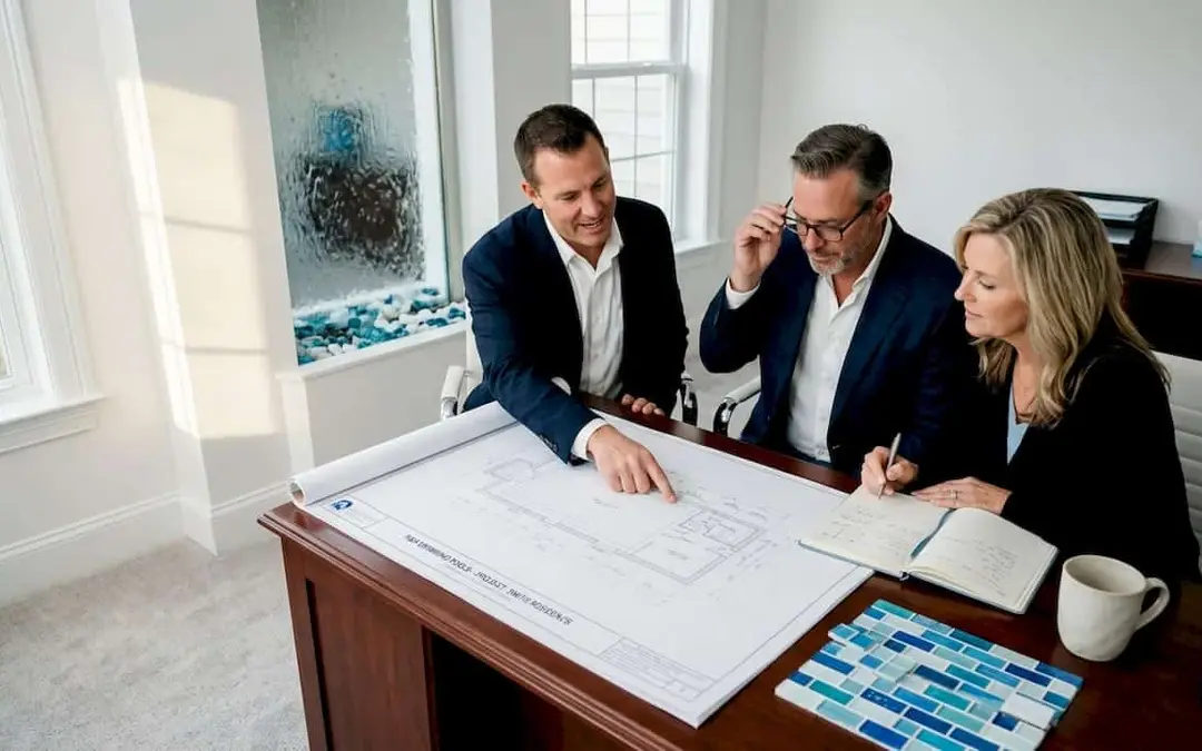 Couple and pool designer reviewing pool plans in studio