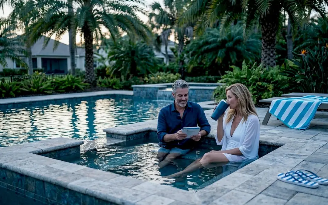 Couple relaxing in built in backyard spa