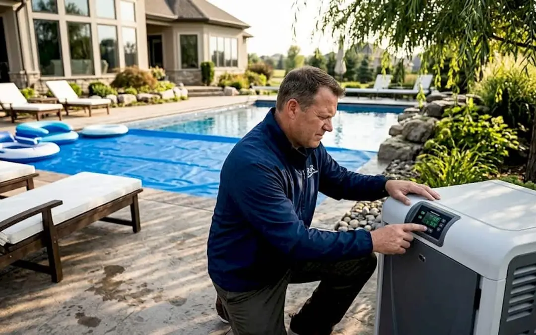 Homeowner checks pool heater beside backyard pool