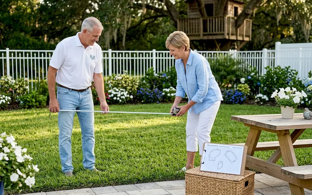 Couple measuring backyard for pool installation