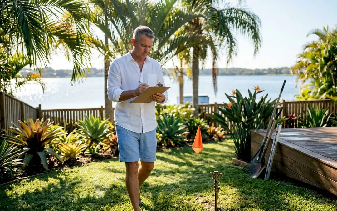 Homeowner assessing Florida backyard site