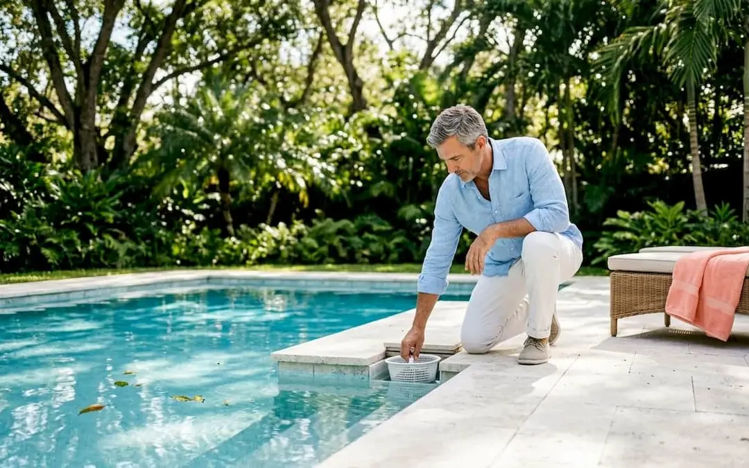Homeowner checking pool skimmer basket