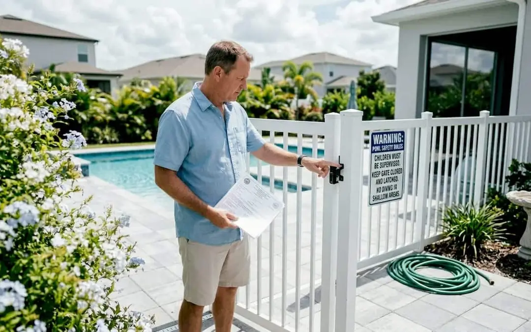 Florida homeowner inspecting pool safety fence