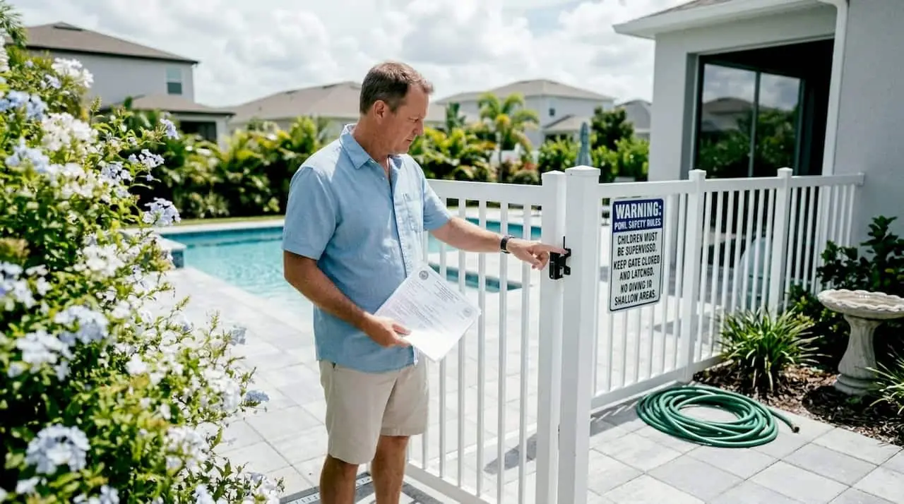 Florida homeowner inspecting pool safety fence