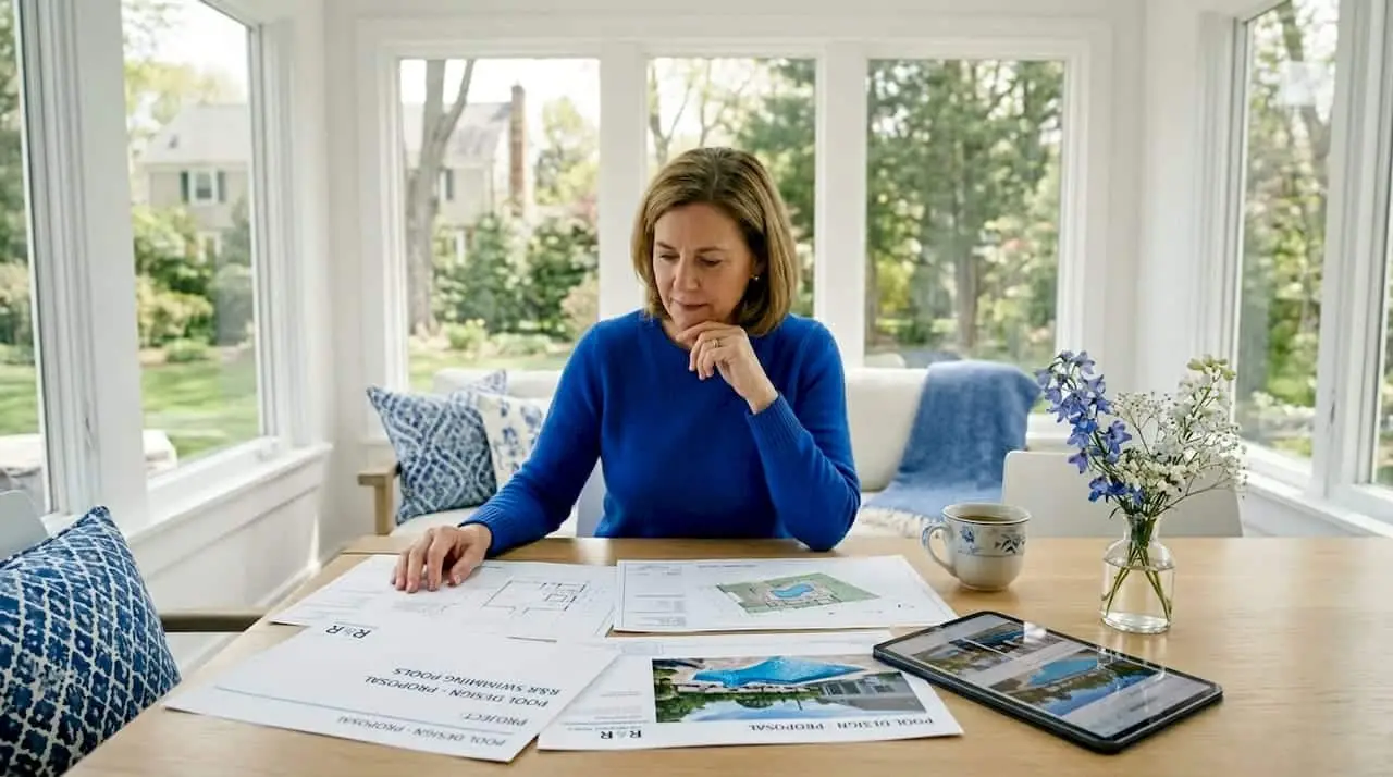 Top 6 tridentpoolsolutions.com Alternatives Providers 2026 Homeowner reviewing pool design plans at kitchen island