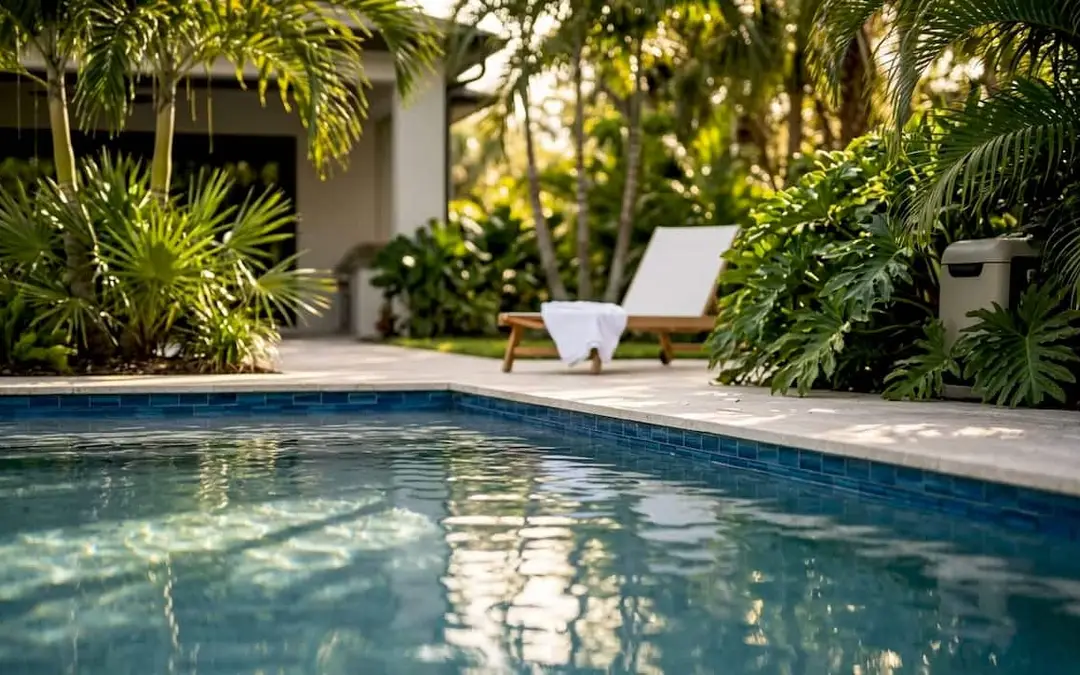 Close up of luxury pool with glass tiles in Florida home