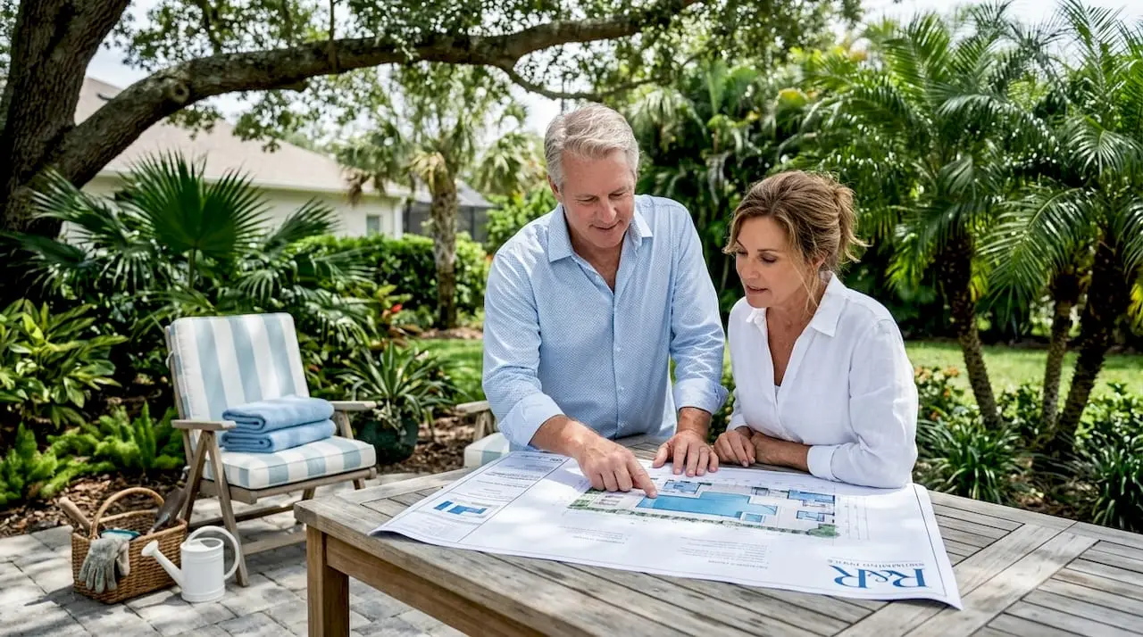 Pool Project Planning Workflow for Central Florida Homes Couple reviewing pool plans in backyard