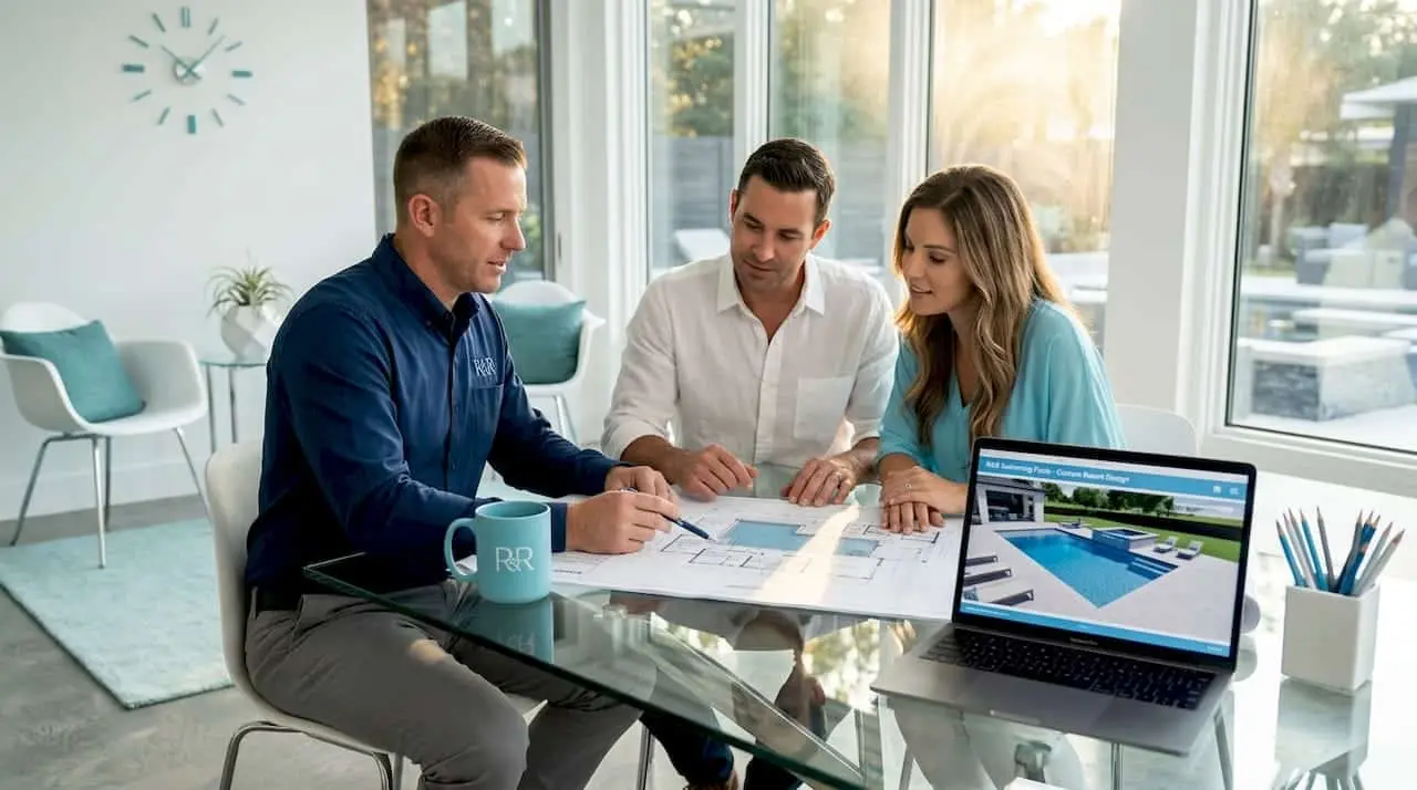 Top 4 zipleaf.us Alternatives Providers 2026 Homeowners and contractor reviewing pool blueprints at table
